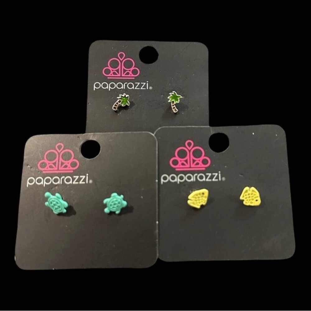 3 Pair Paparazzi Earrings Tropical Theme Palm Tree Fish Turtle